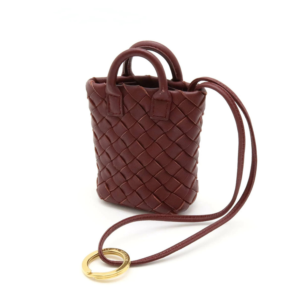 BOTTEGA VENETA Intrecciato Bag Charm Keychain Case Leather Bordeaux Purple